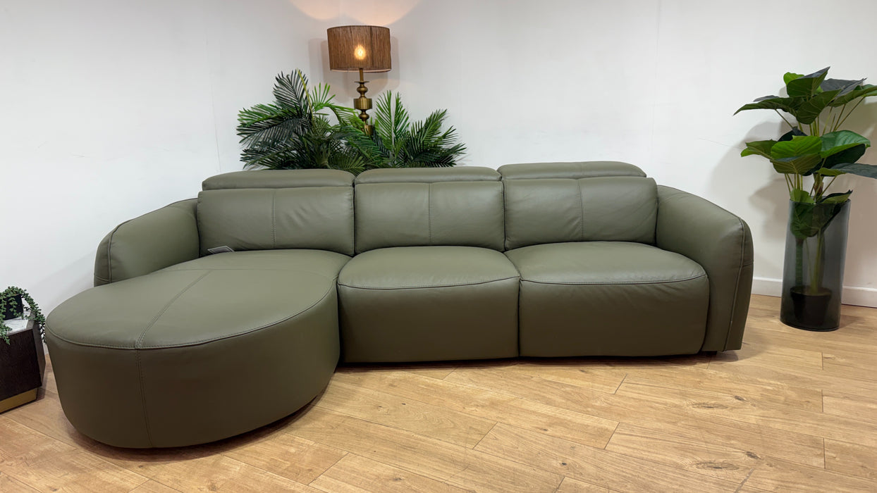Sofology Serene Leather Chaise 3 Seater Power Recliner/Headrest in Trusty Matt Olive