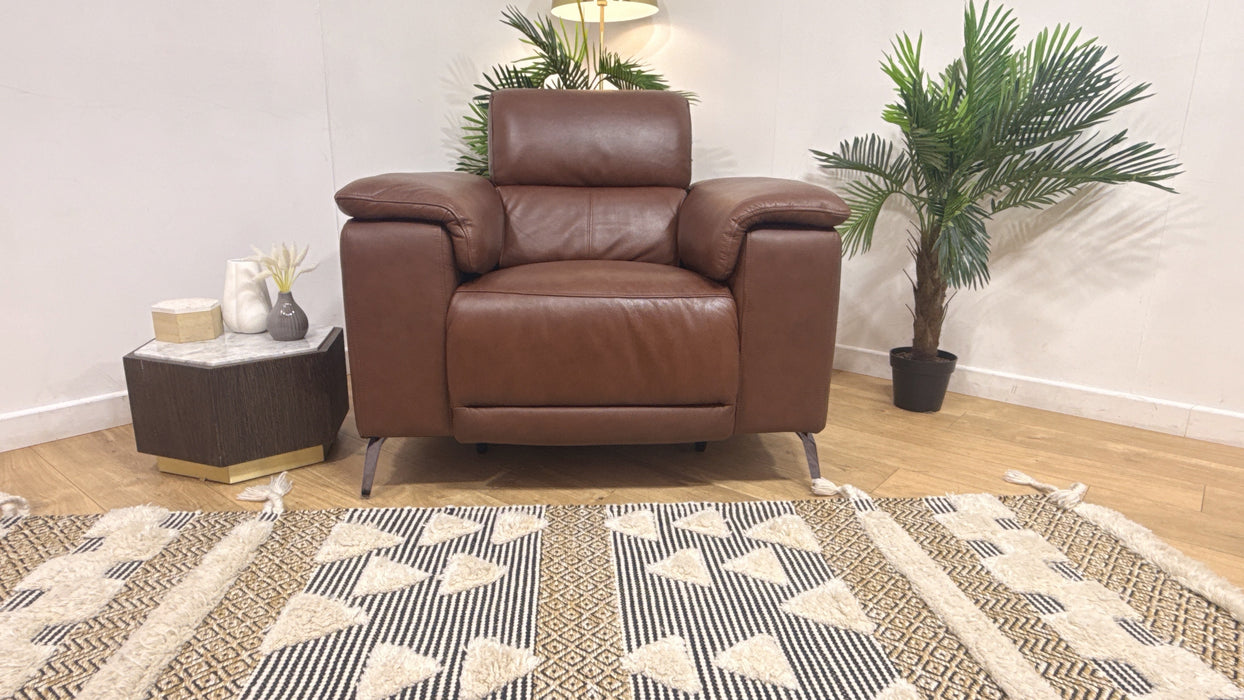 Sofology Fratelli Leather Chair Power Recliner/Headrest in Trusty Embossed Chestnut