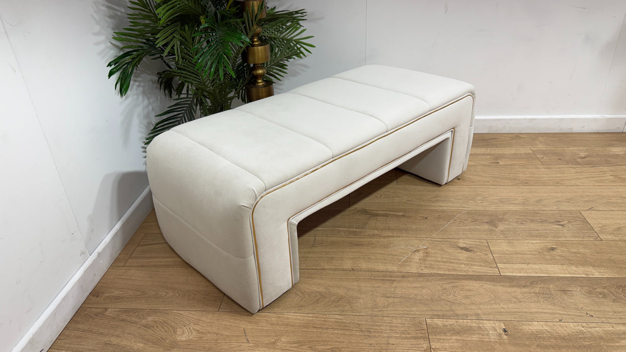 Sofology Oscar Fabric Small Bench Footstool Gold Trim in Super Matt Velvet Ecru