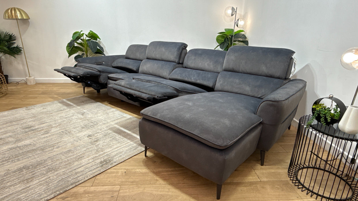 Sofology Viento Fabric 4 Seater Chaise Power Recliner/Headrest Lumbar Heated Seat in Lifestyle Flecked Charcoal