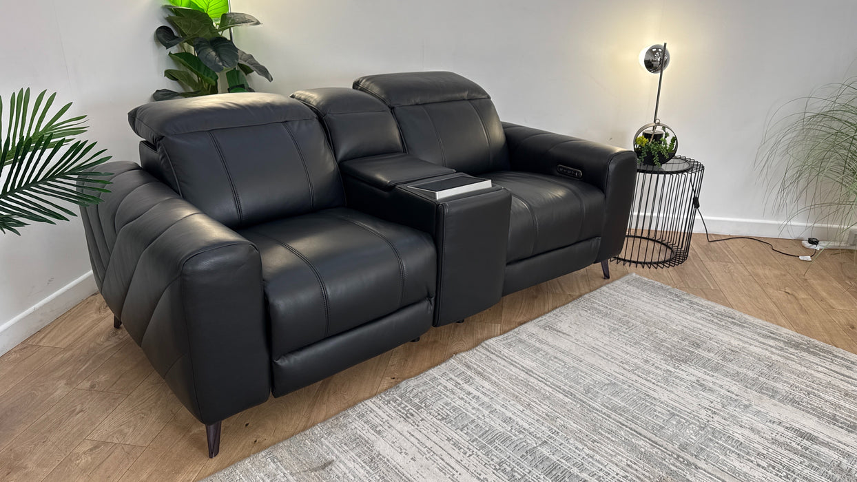 Sofology Allure Leather 2 Seater Power Recliner/Headrest Screen Console Heated Seats Lumbar Speakers in Trusty Embossed Jet Black