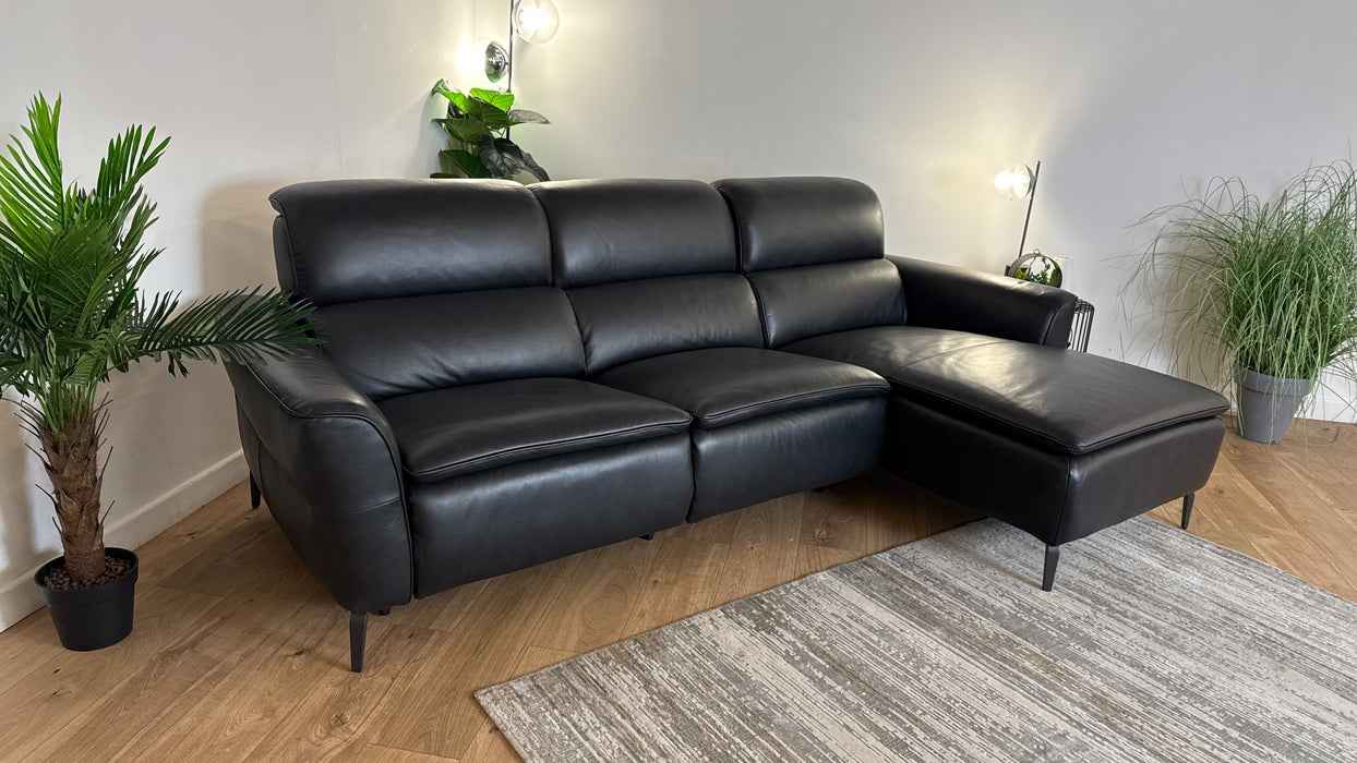 Sofology The Viento Leather 3 Seater Chaise Power Recliner/Headrest Heated Seat Lumbar Support in Trusty Embossed Navy