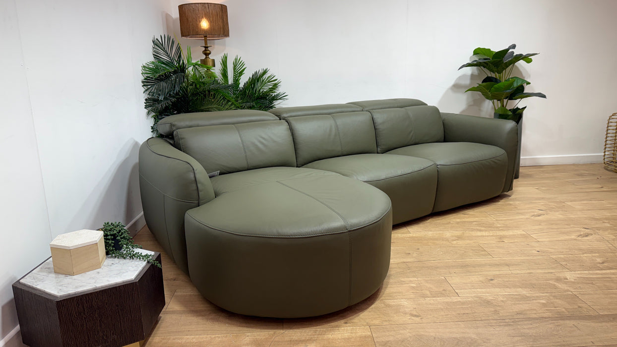 Sofology Serene Leather Chaise 3 Seater Power Recliner/Headrest in Trusty Matt Olive