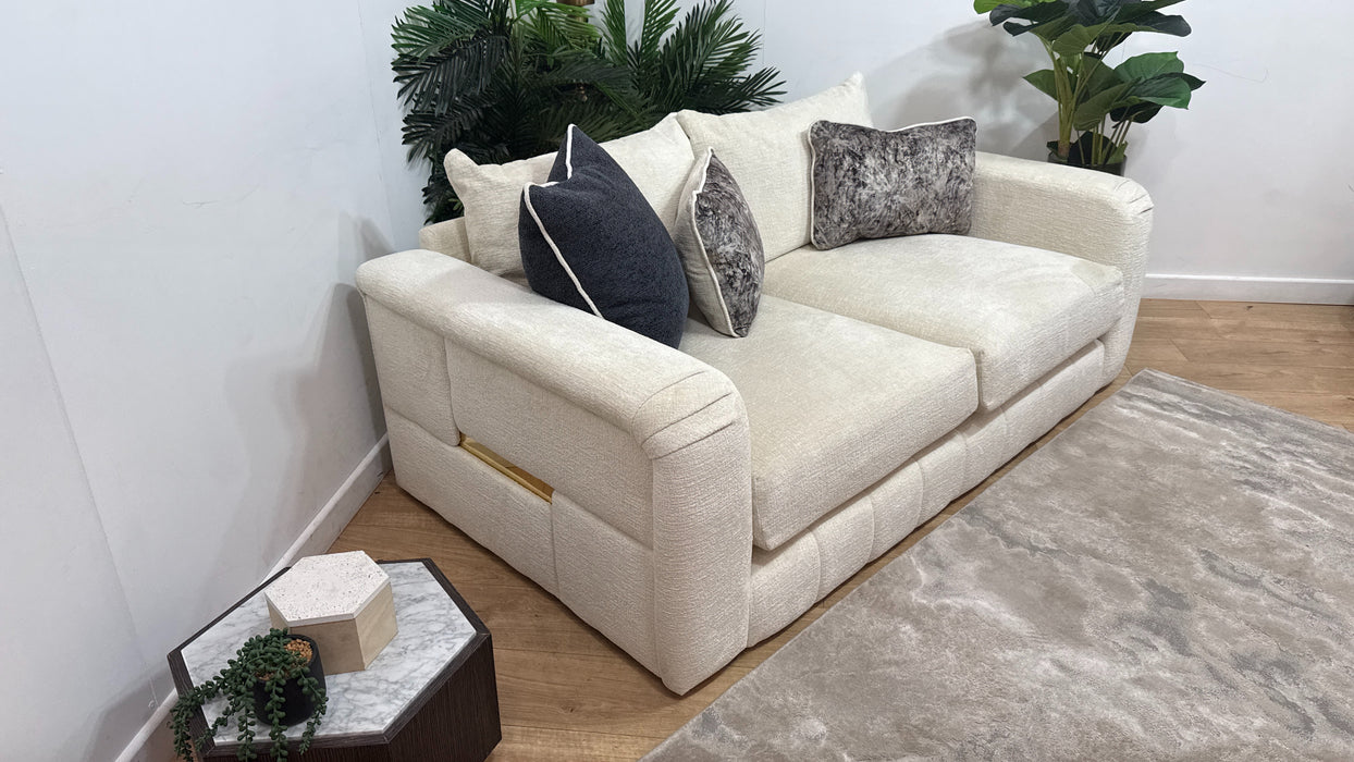 Sofology Westwood Fabric 2 Seater Gold Trim in Teddy Chenille Ivory Mix