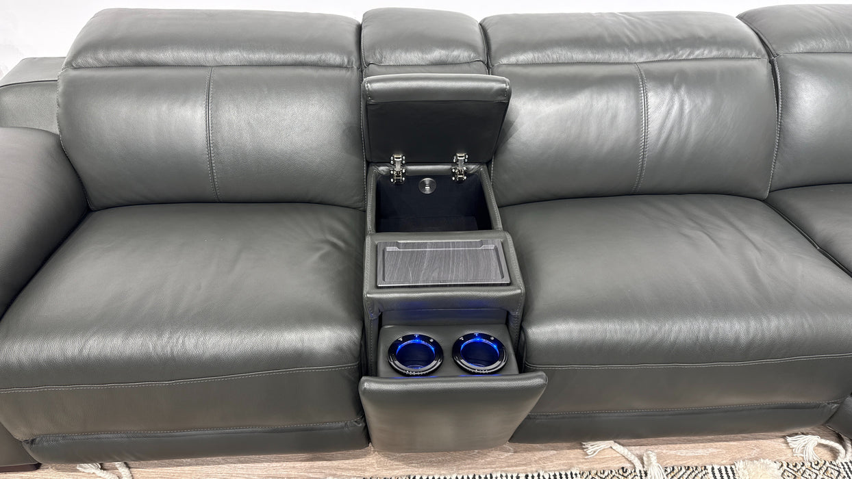 Sofology Portland Leather 3 Console Corner 3 Power Recliner/Headrest Heated Seats in Trusty Embossed Charcoal