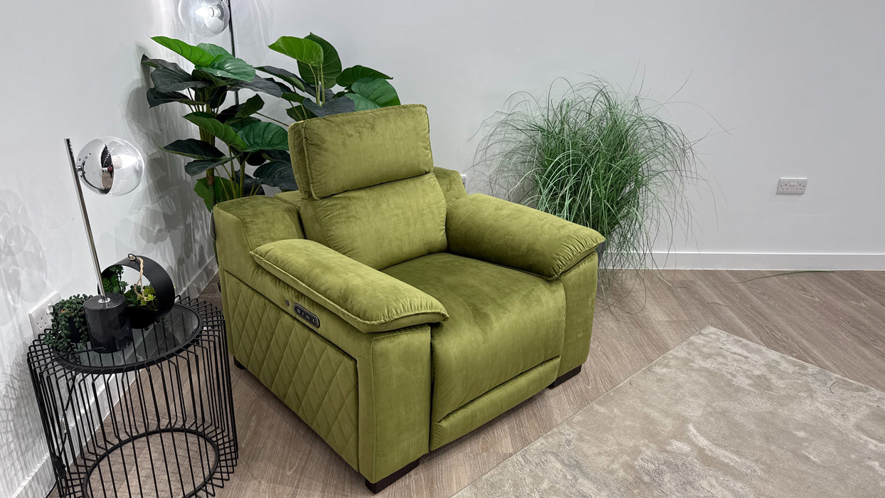 Sofology Benz Fabric Chair Power Recliner/Headrest Heated Seat in Heritage Velvet Olive