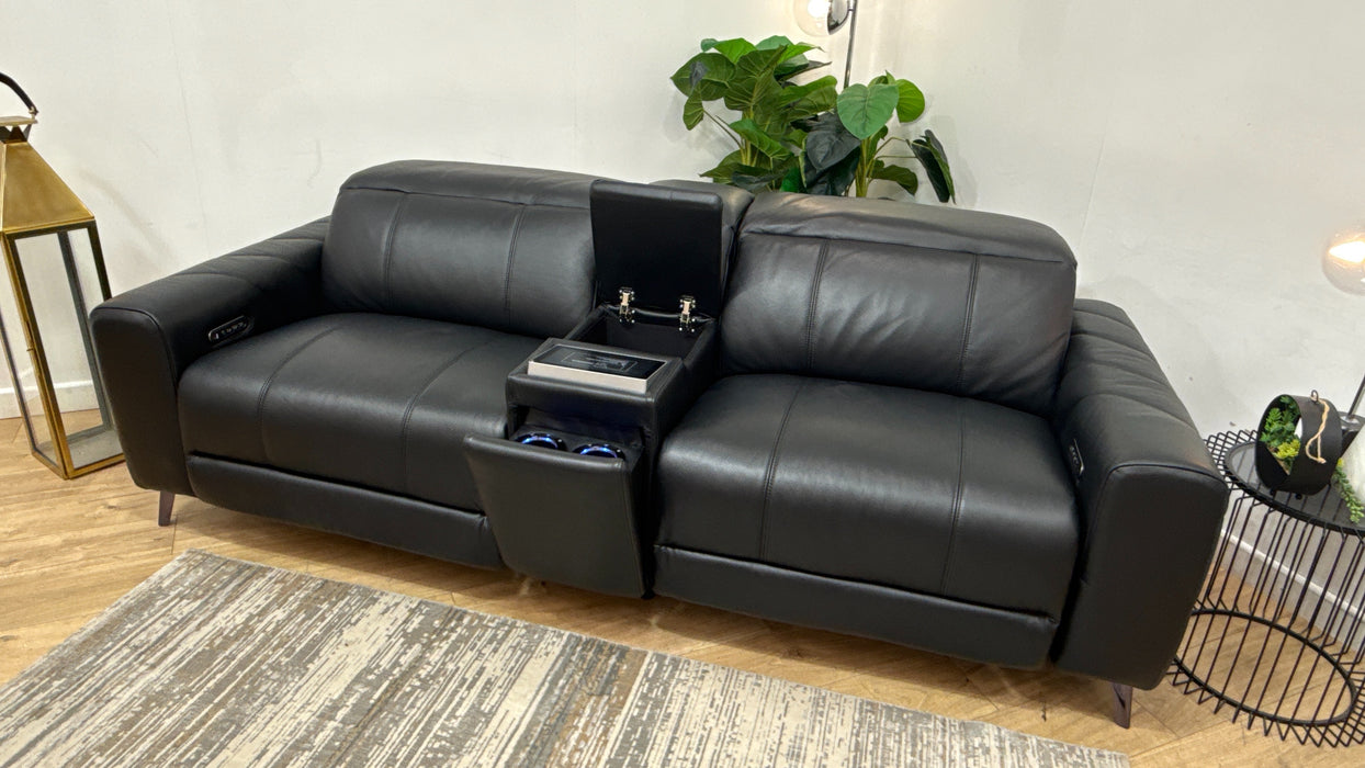 Sofology Allure Leather 2.5 Seater Screen Console Power Recliner/Headrest Heated Seats Lumbar Speakers in Trusty Embossed Jet Black