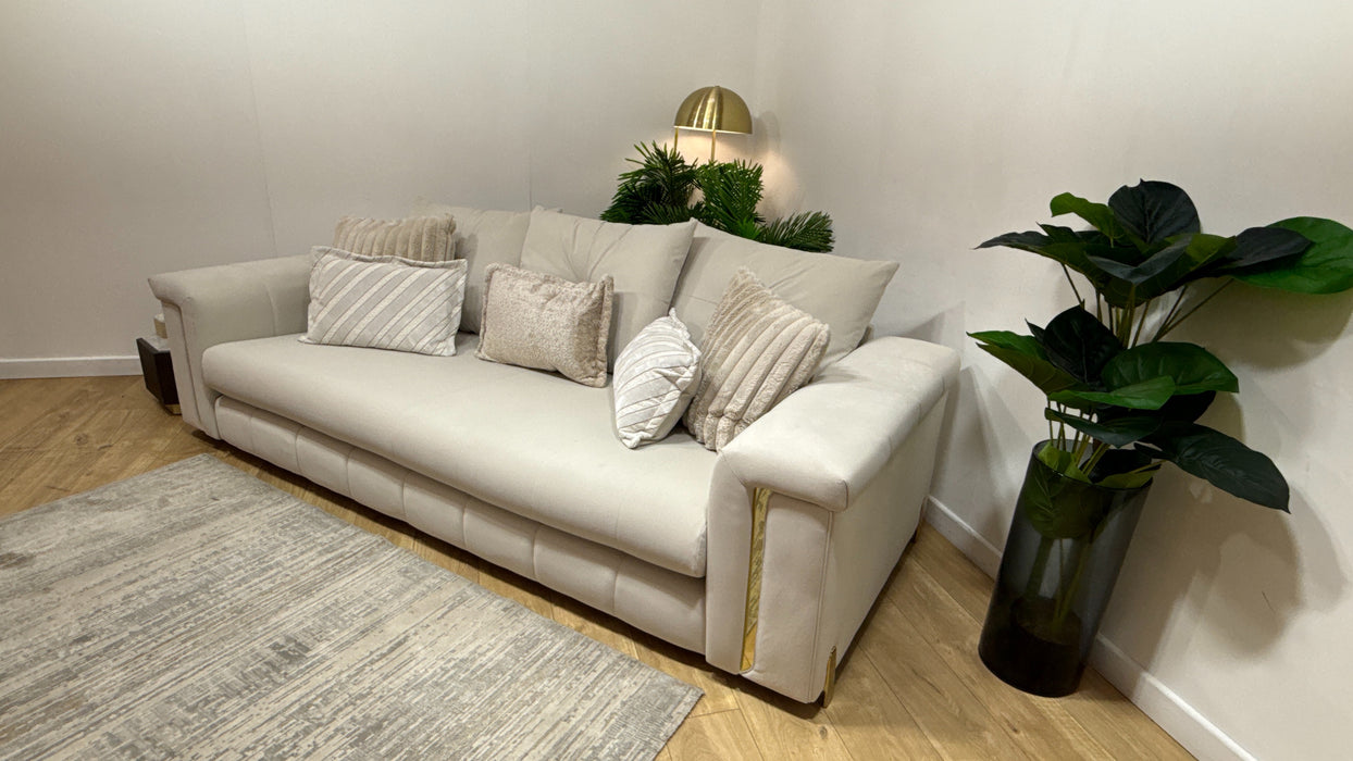 Sofology Oscar Fabric 4 Seater Gold Trim in Super Matt Velvet Ecru Mix