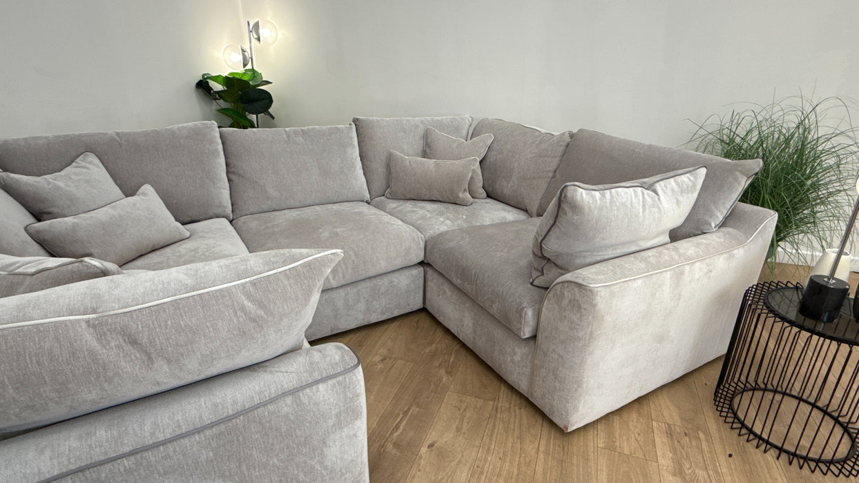 Sofology Georgio Fabric Large U Shaped Corner Sofa Feather Flex Seats in Luxury Deep Pile Chenille Silver Mix