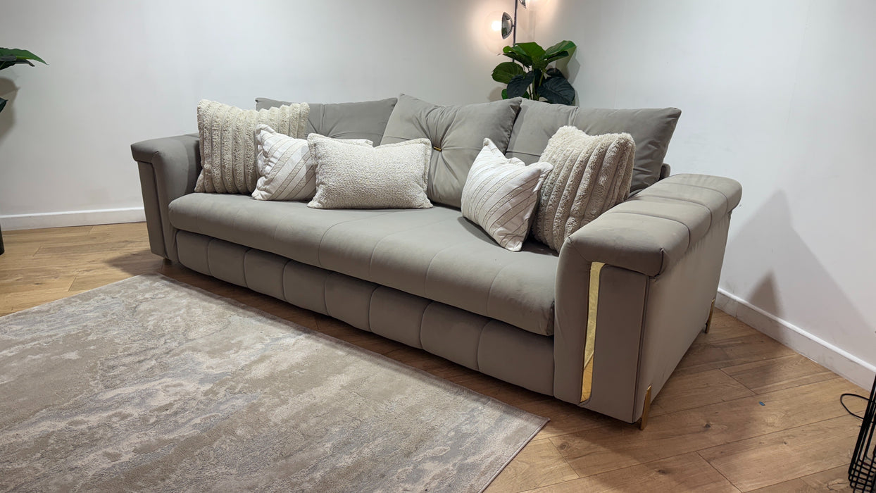 Sofology Oscar Fabric 4 Seater Gold Trim in Super Matt Velvet Pebble Mix