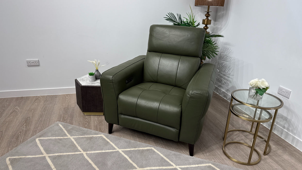 Sofology Jax Leather Chair Power Recliner/Headrest in Trusty Embossed Dark Olive