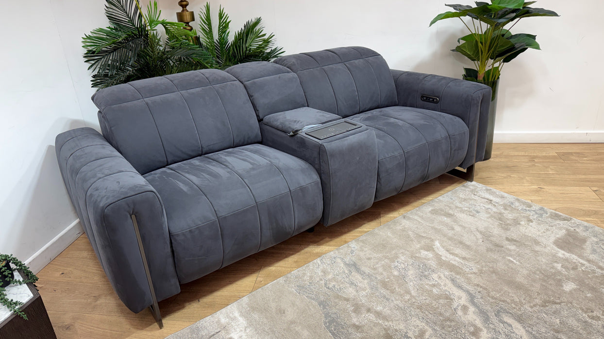 Sofology Paramount Leather 2.5 Seater Console Power Recliner/Headrest Heated Seats Speakers in Trusty Embossed Charcoal