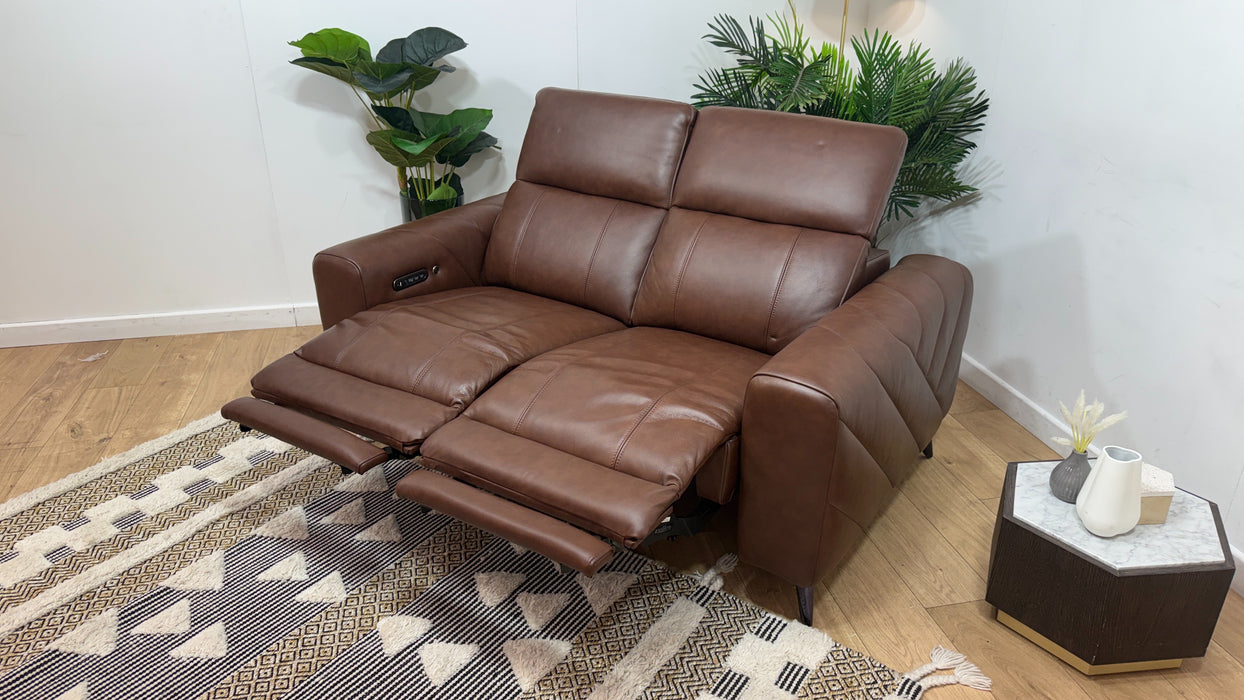 Sofology Allure Fabric 2 Seater Power Recliner/Headrest Heated Seats Lumbar Support Speakers in Trusty Embossed Chestnut