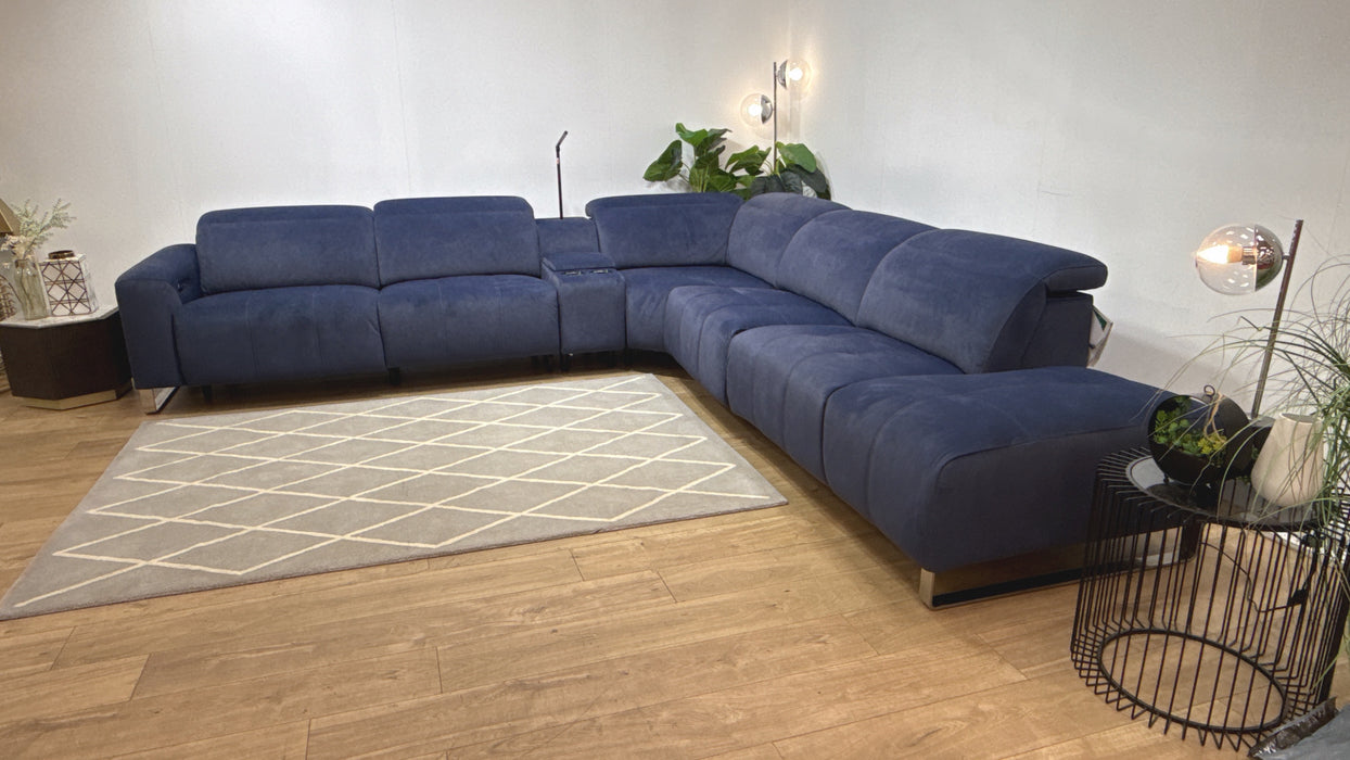 Sofology Marvella Fabric 3 Corner 3 Console Chaise Power Recliner/Headrest Heated Seats in Lifestyle Flecked Navy