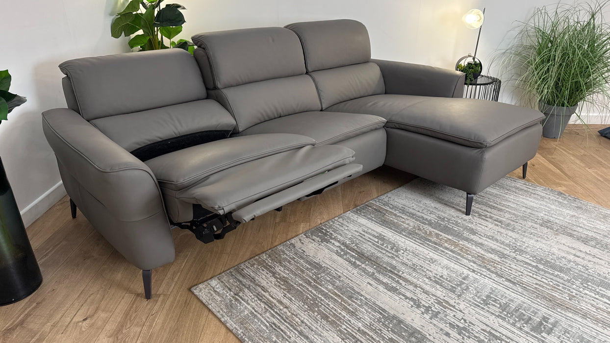 Sofology The Viento Leather 3 Seater Chaise Power Recliner/Headrest Lumbar Support Heated Seats in Trusty Super Matt Storm Grey