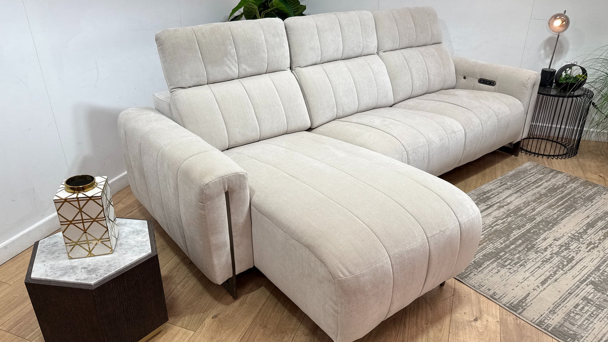 Sofology Paramount Fabric Chaise 4 Seater Power Recliner/Headrest Heated Seats in Relaxed Chenille Cotton