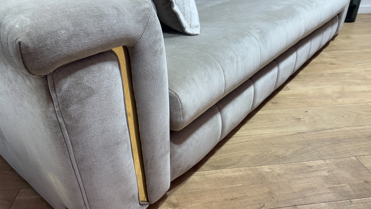 Sofology Oscar Fabric 4 Seater Gold Trim in Fine Textured Chenille Stone Mix