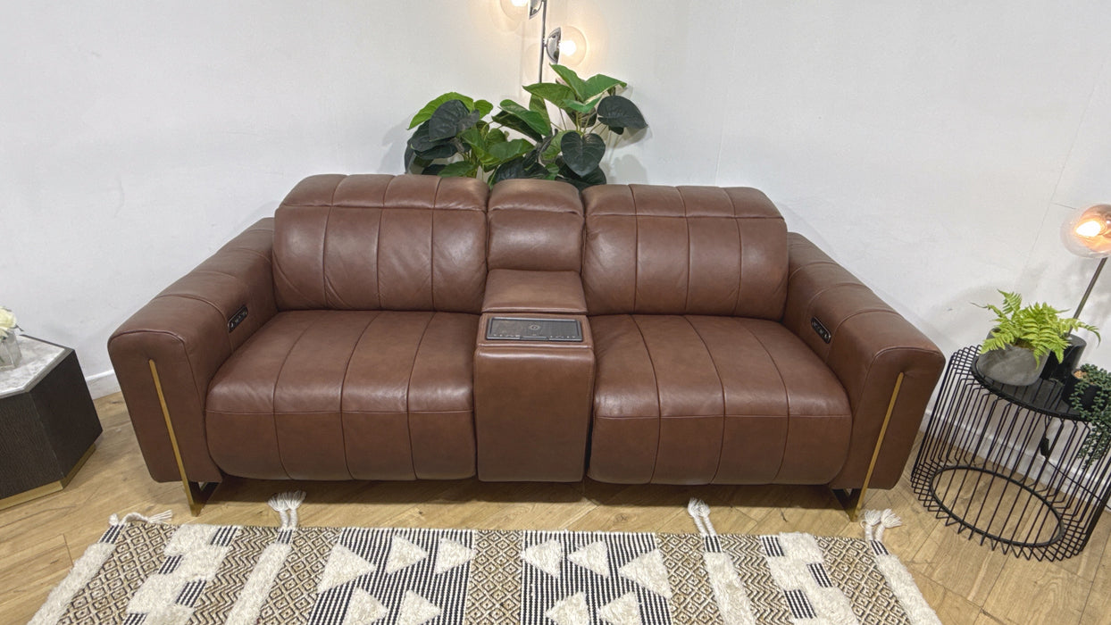 Sofology Paramount 2.5 Leather Sofa Power Recliner, Power Hdrst and Speakers + Console in Embossed Leather Chestnut