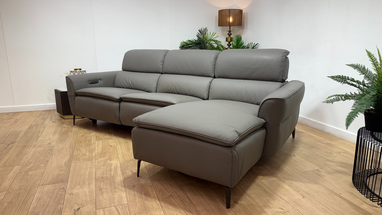 Sofology Viento Leather 3 Seater Chaise Power Recliner/Headrest Lumbar Heated Seat in Trusty Super Matt Storm Grey