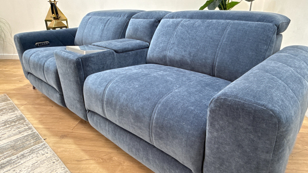 Sofology Allure Fabric 2.5 Seater Console with Screen Power Recliner/Headrest Heated Seats Lumbar Speakers in Relaxed Chenille Denim