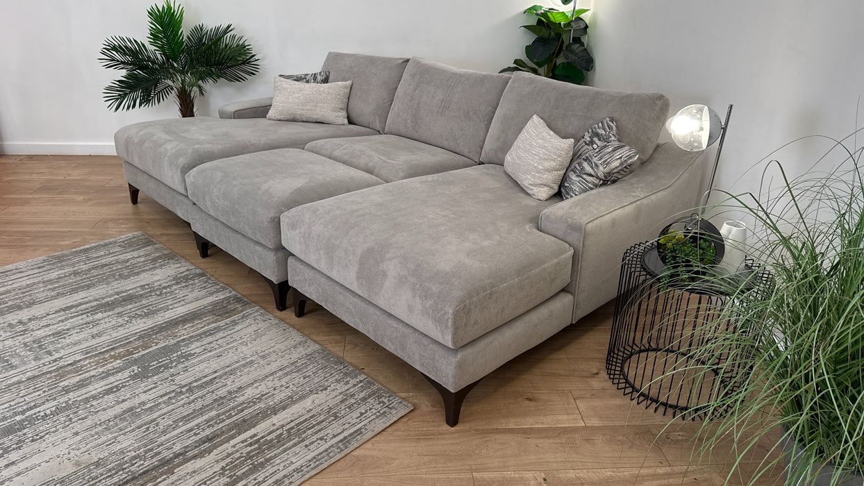 Sofology Wildwood Fabric 4 Seater Double Chaise with Footstool in Soft Sherpa Silver Contrast Piping