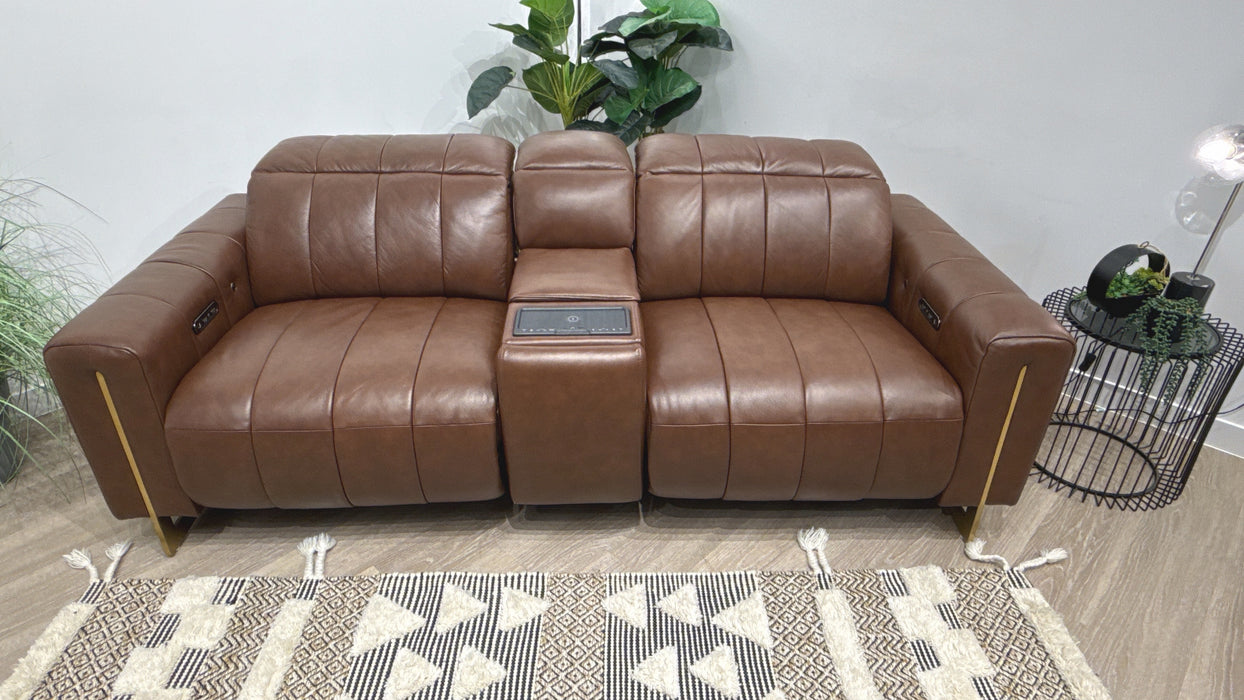 Sofology Paramount Leather 2.5 Seater Console Power Recliner/Headrest Speakers Heated Seats in Trusty Embossed Chestnut