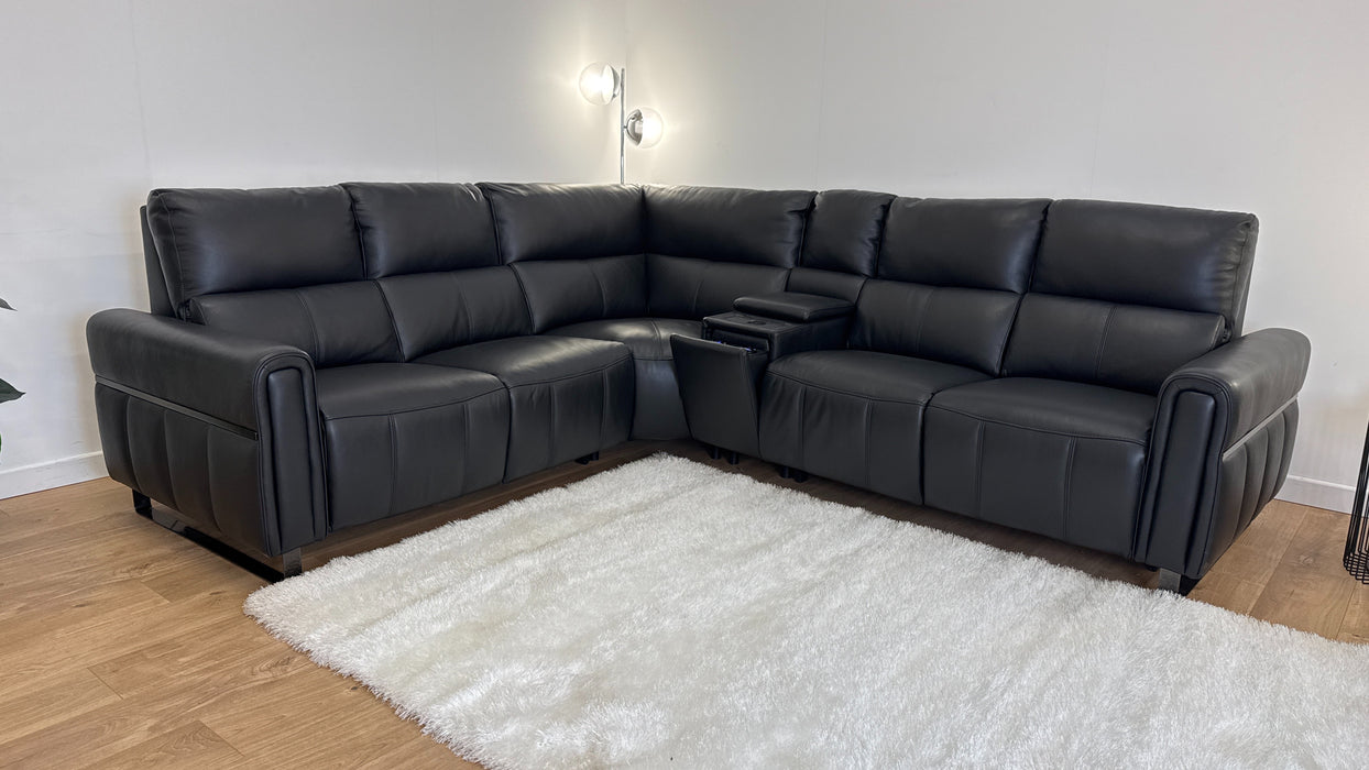 The Ravello 2 Corner 2 + console   - Power Recliner - leather Sofa - Jet Black