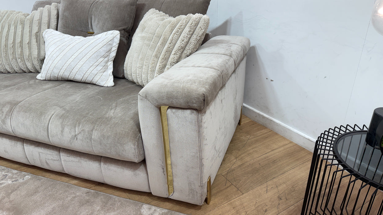 Sofology Oscar Fabric 2 Seater Gold Trim in Fine Textured Chenille Stone Mix