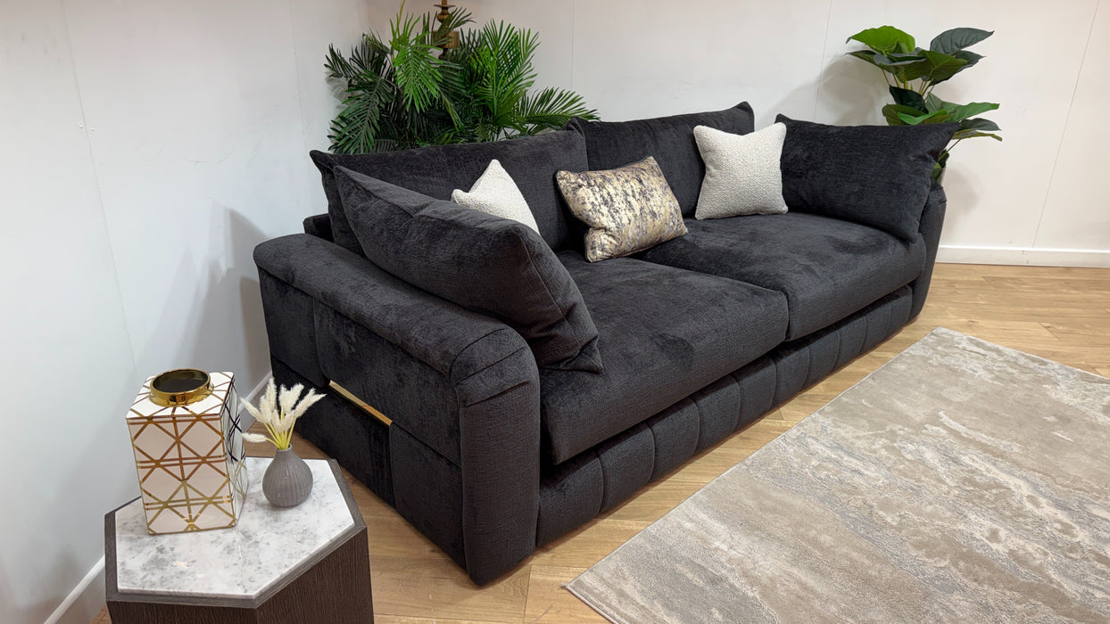 Sofology Westwood Fabric 4 Seater Gold Trim in Teddy Chenille Black Mix