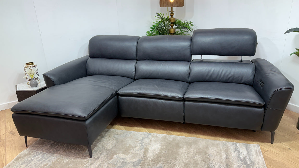Sofology Viento Leather Chaise 3 Seater Power Recliner/Headrest Lumbar in Trusty Embossed Navy