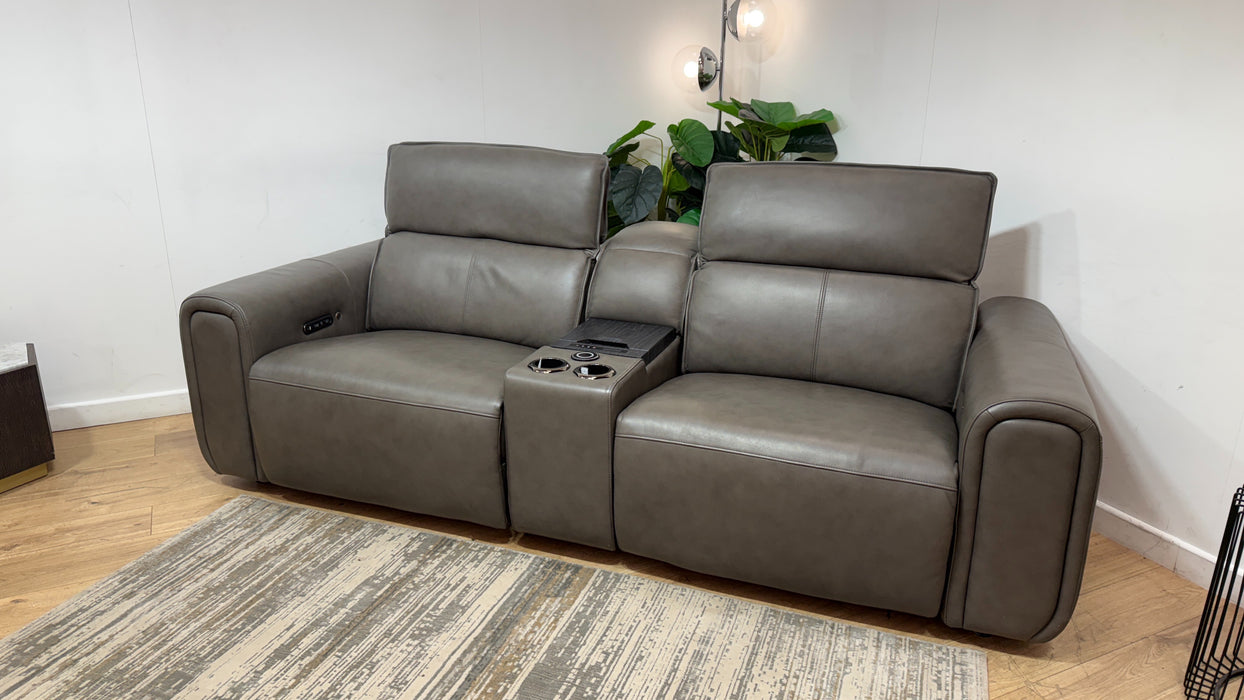 Sofology Premiere Leather 2.5 Seater Smart Console Power Recliner/Headrest Heated Seats in Trusty Embossed Grey