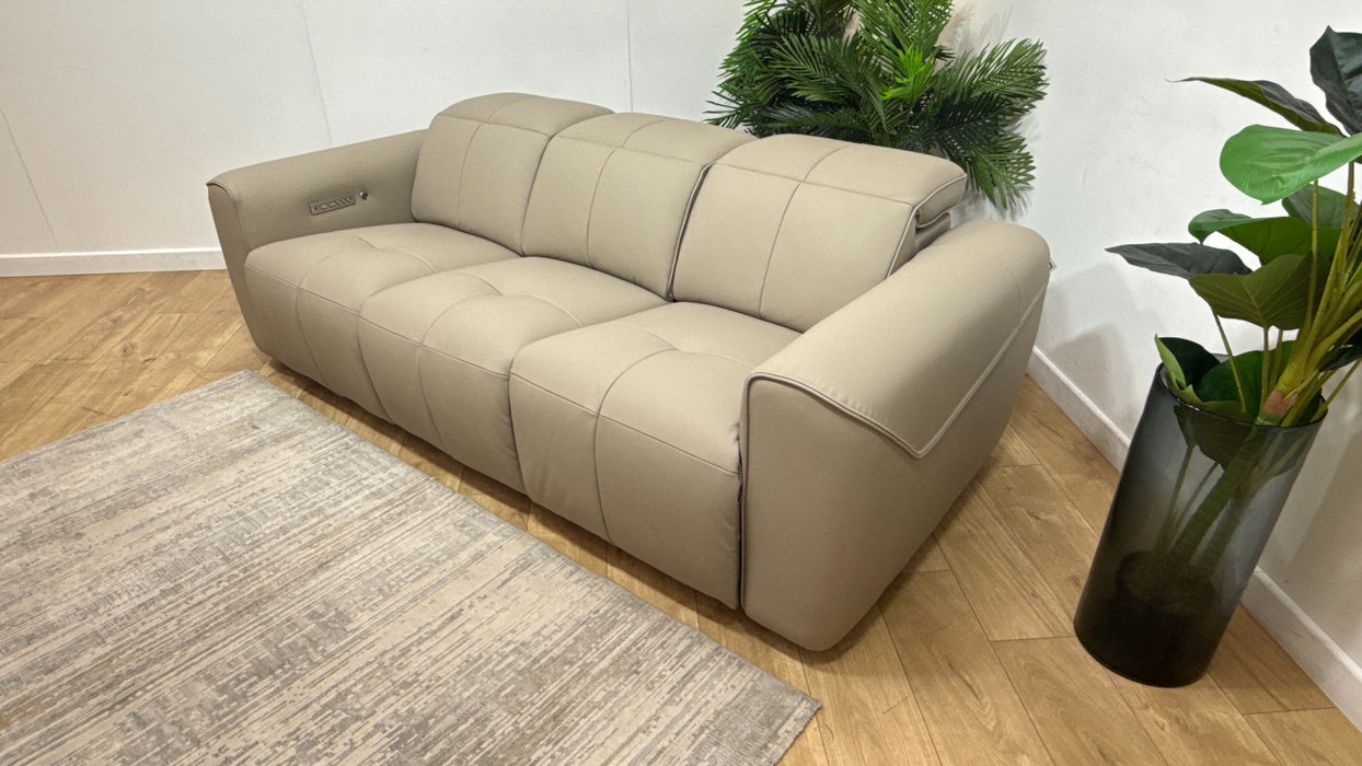 Sofology Riviera 3 Seater Leather Power Recliner, Power Hdrst + Heated Seats in Super Matt Putty