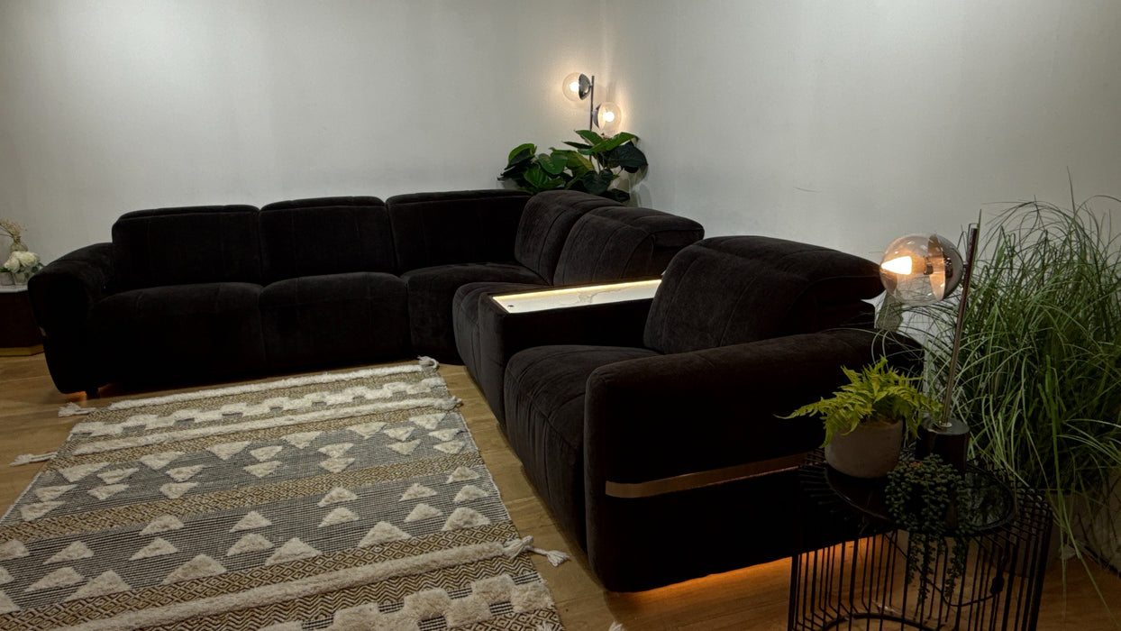 Sofology Lumiere Fabric 3 Corner 3 Console Power Recliner/Headrest Heated Seats in Relaxed Chenille Raisinric