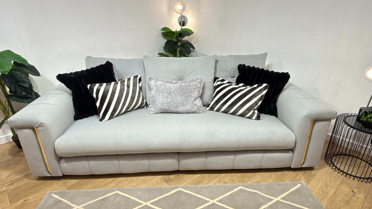 Sofology Oscar Fabric 4 Seater Split Gold Trim in Super Matt Velvet Silver Mix