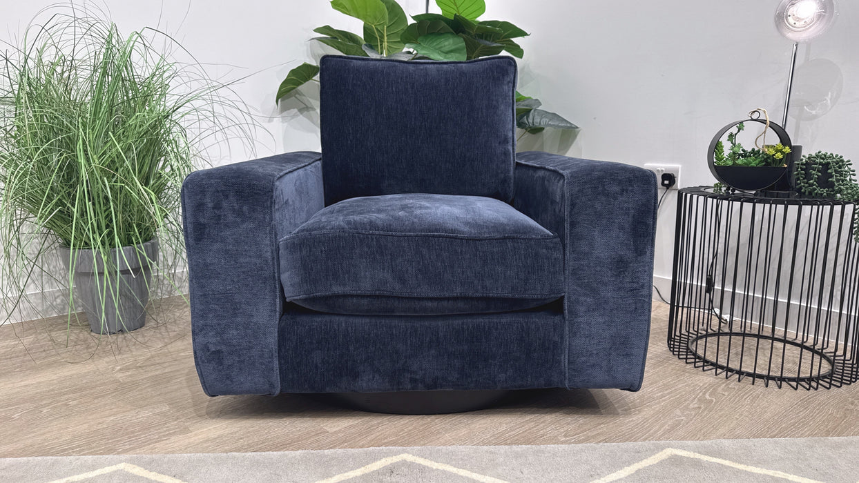 Sofology Laurent Fabric Accent Swivel Chair in Luxury Deep Pile Chenille Denim Mix