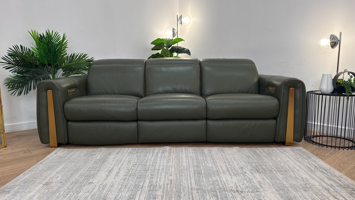 Sofology Kingsbridge Leather 3 Seater Power Recliner/Headrest Heated Seat in Trusty Embossed Dark Olive