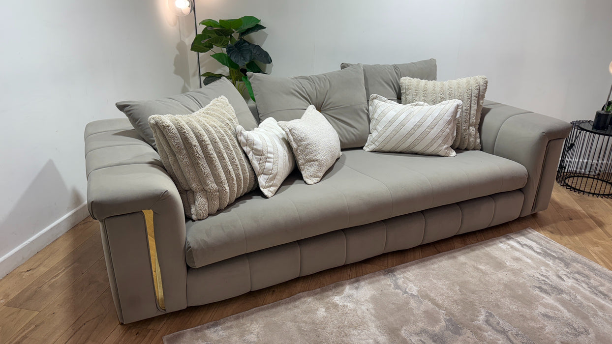 Sofology Oscar Fabric 4 Seater Gold Trim in Super Matt Velvet Pebble Mix