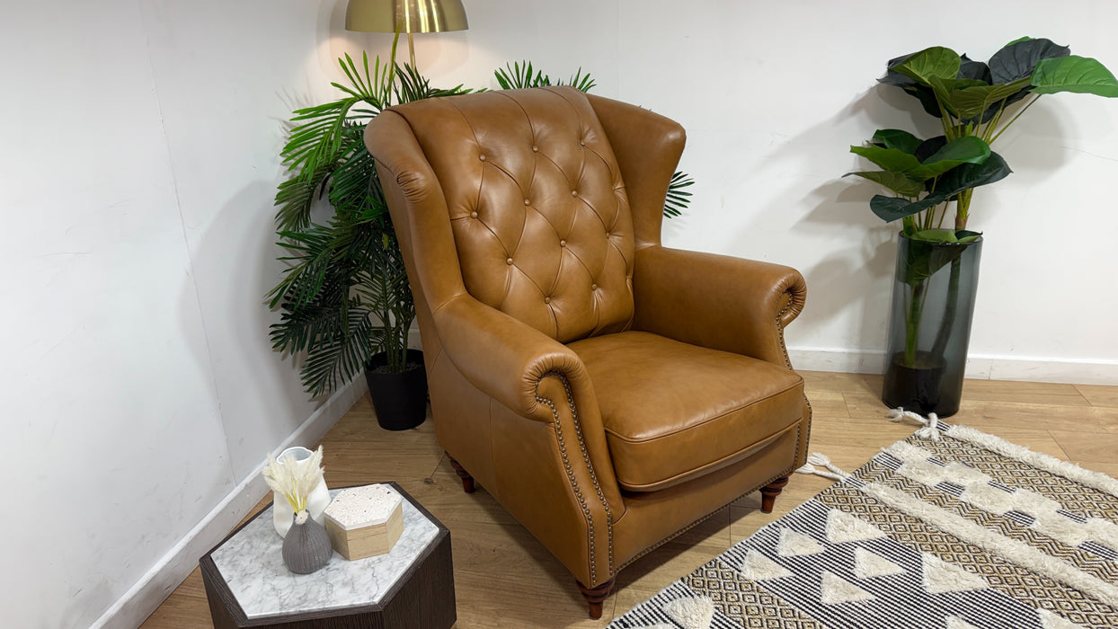 Sofology Darcy Leather Accent Wing Chair with Studs in Trusty Supersoft Sheen Tan