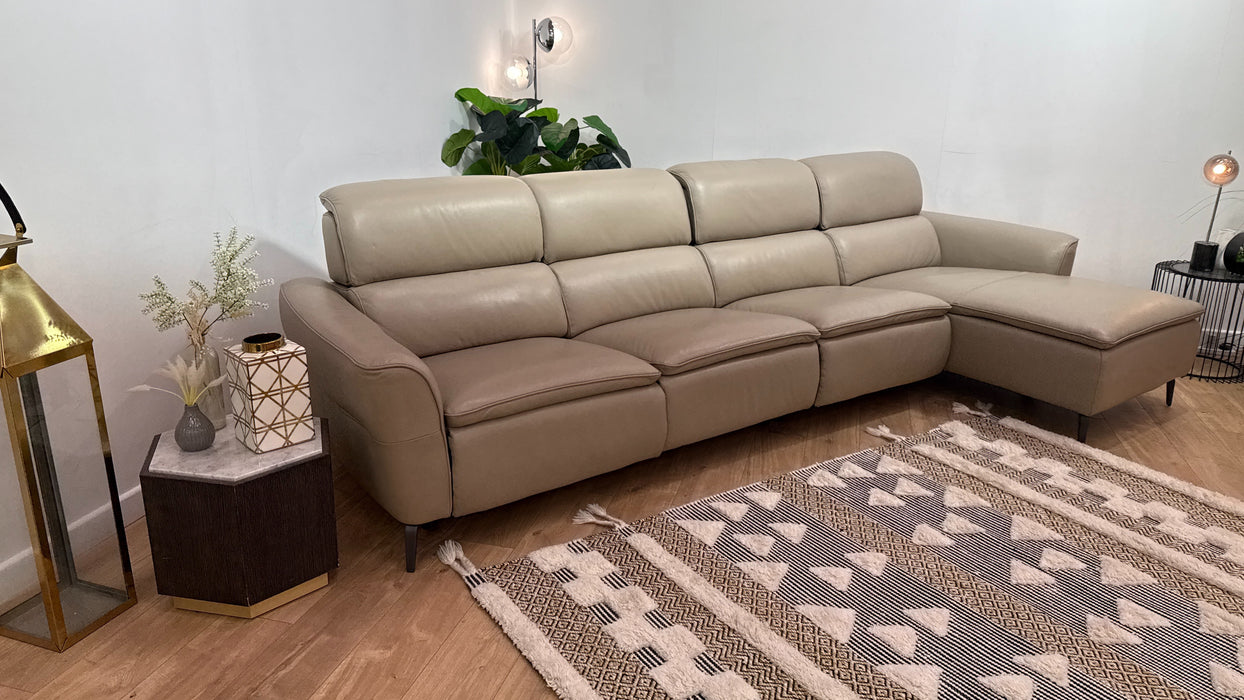 Sofology Viento Leather 4 Seater Chaise Console Power Recliner/Headrest Heated Seat Lumbar in Trusty Embossed Stone
