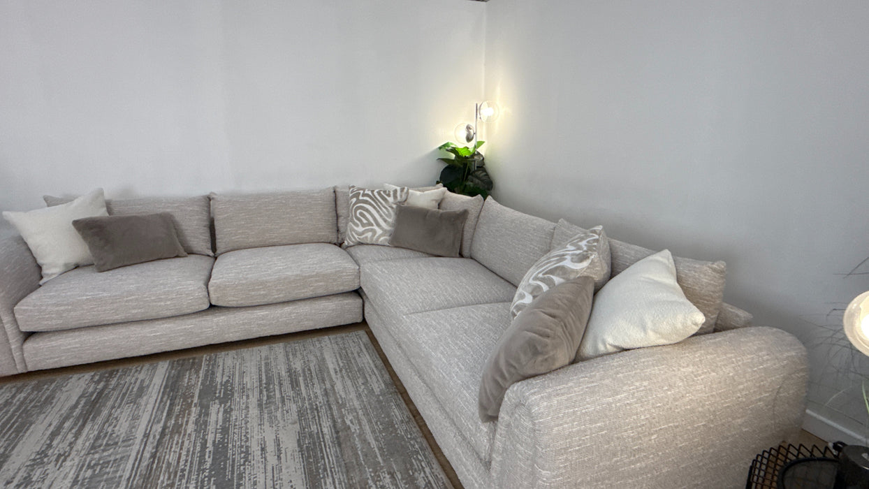 Sofology Marble Arch Fabric 3 Corner 1 Light Wood Trim in Chunky Flecked Boucle Stone/Ecru Mix