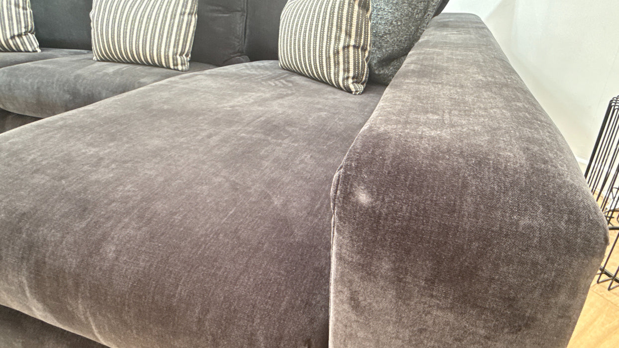 Sofology Cove Fabric Super Grande Double Chaise Black Wood Panel in Soft Chenille Anthracite Mix
