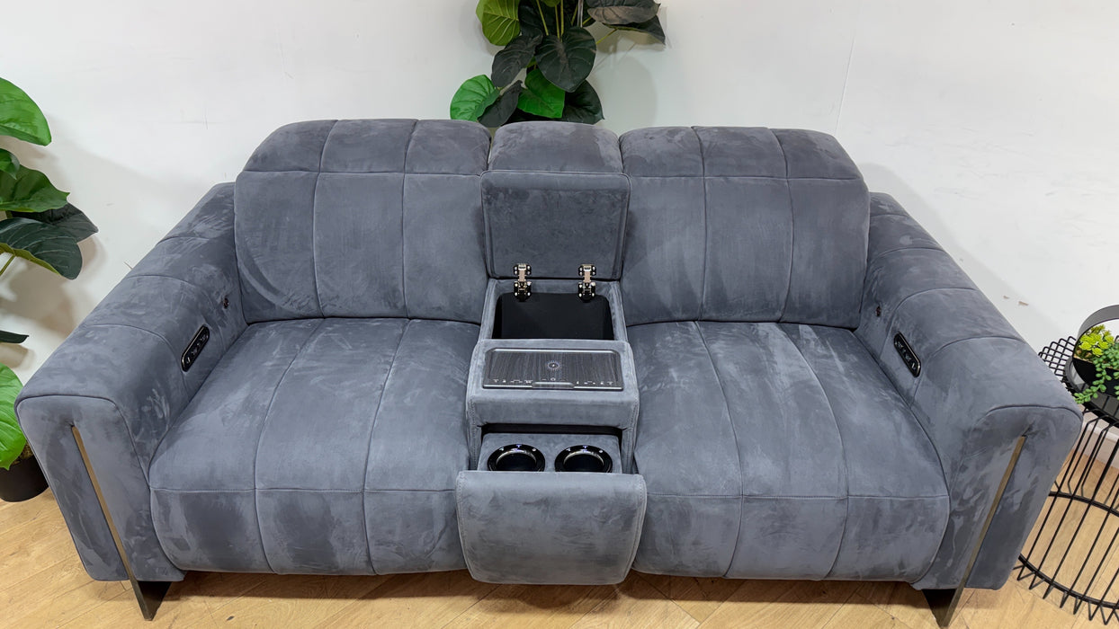 Sofology Paramount Fabric 2 Seater Console Power Recliner/Headrest Heated Seat Speakers in Lifestyle Nubuck Feel Charcoal