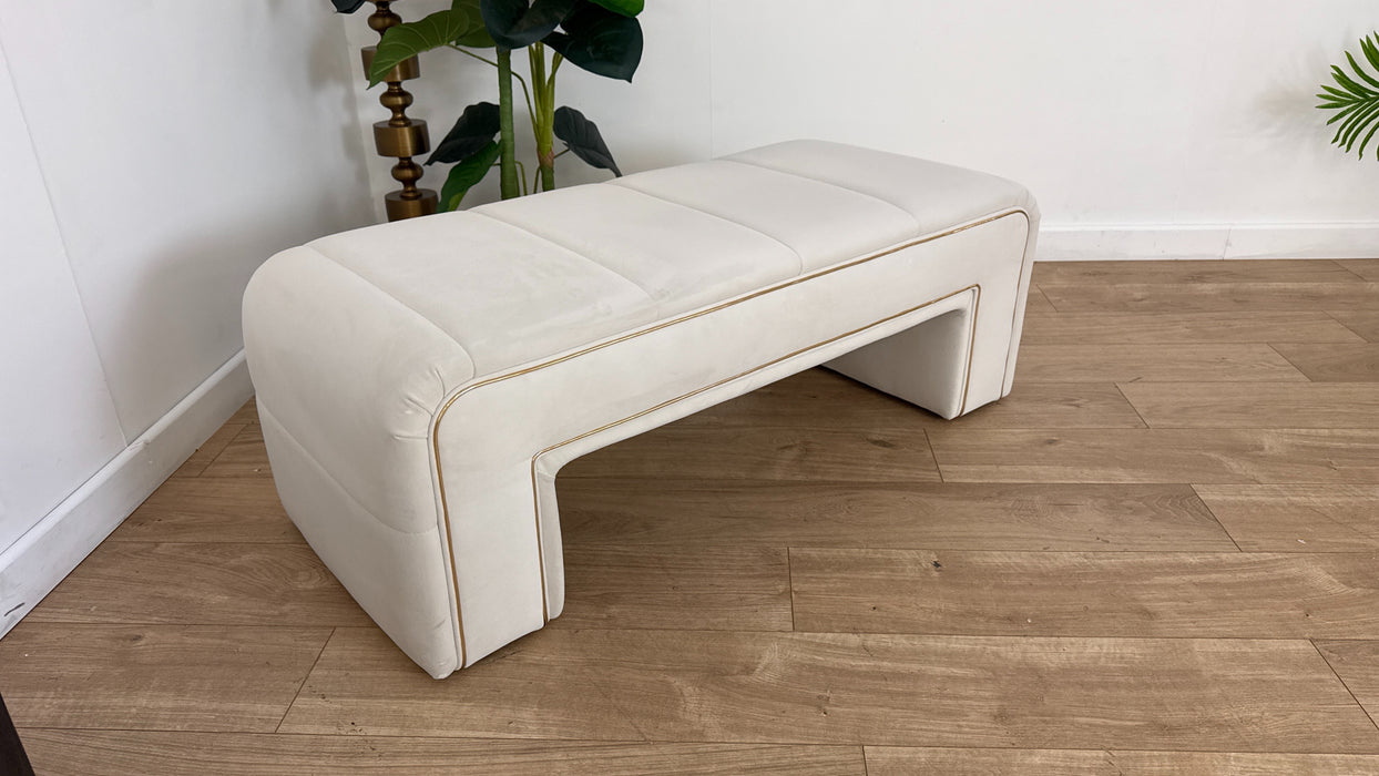 Sofology The Oscar Fabric Small Bench Footstool Gold Trim in Super Matt Velvet Ecru