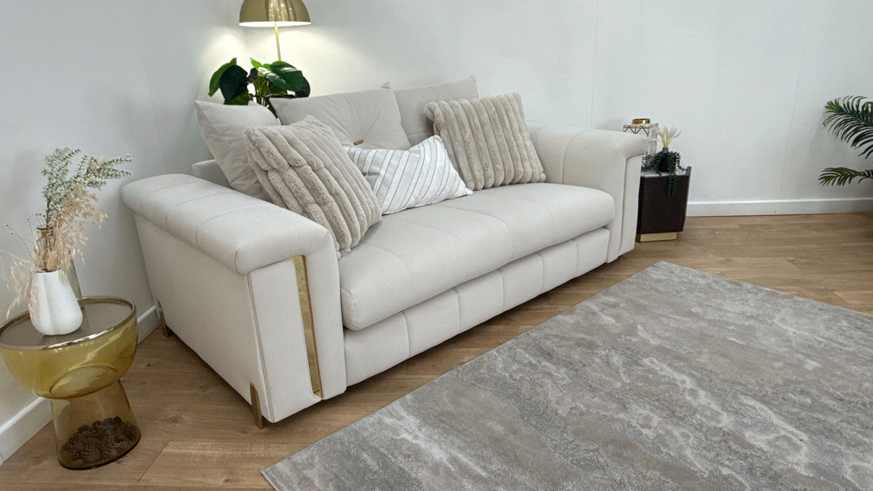 Sofology The Oscar Fabric 2 Seater with Gold Trim in Super Matt Velvet Ecru