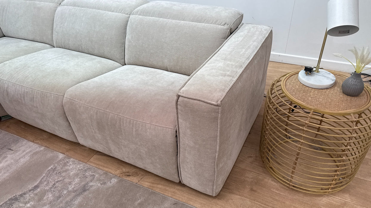 Sofology Horizon Fabric 1.5 Smart Console Corner 3 Power Recliner/Headrest Heated Seats in Textured Chenille Stone