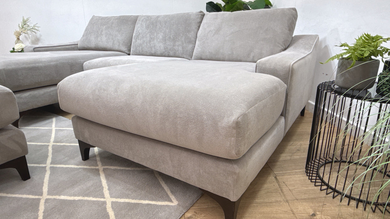 Sofology Wildwood Fabric 4 Seater Double Chaise with Footstool in Soft Sherpa Silver Contrast Piping Mix