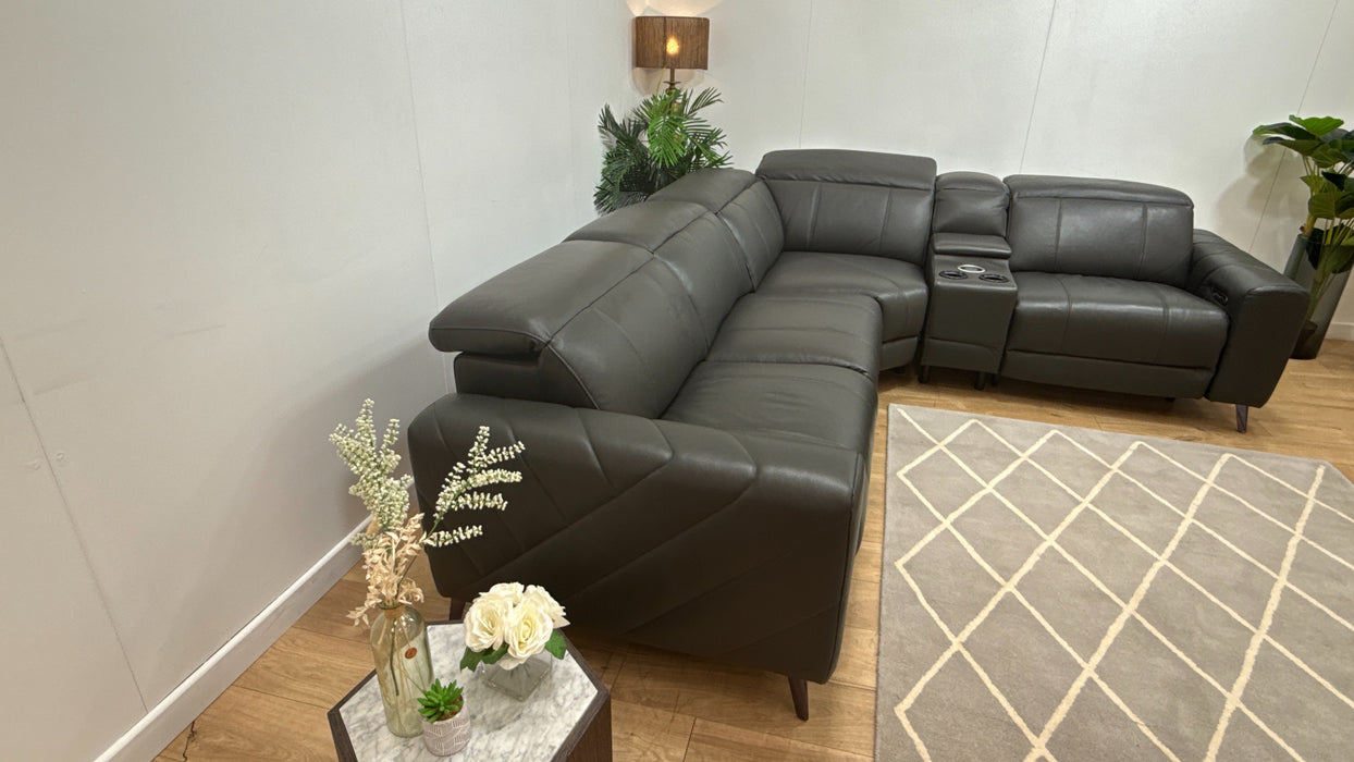 Sofology Allure Leather 3 Corner Smart Console 1.5 Power Recliner/Headrest Heated Seats Lumbar Support Speakers Trusty Embossed Charcoal
