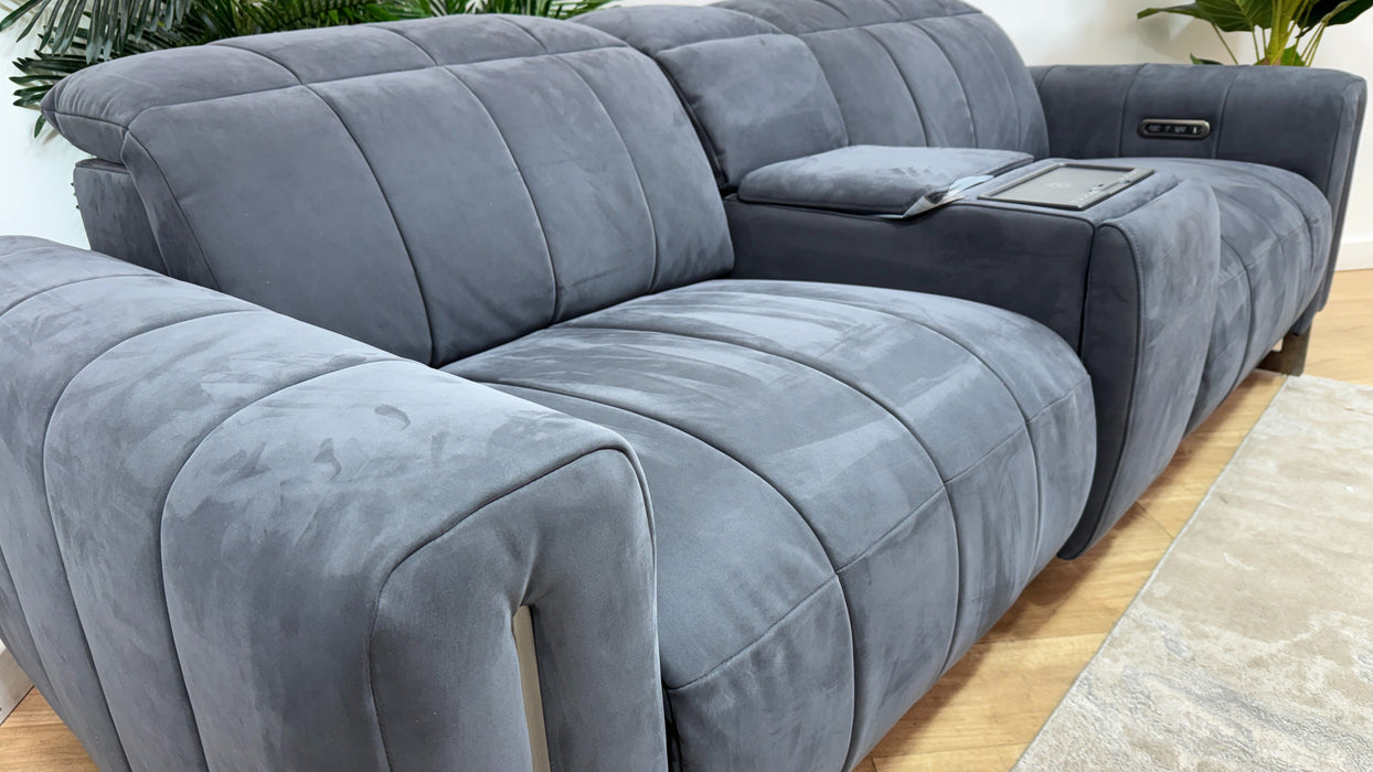 Sofology Paramount Leather 2.5 Seater Console Power Recliner/Headrest Heated Seats Speakers in Trusty Embossed Charcoal