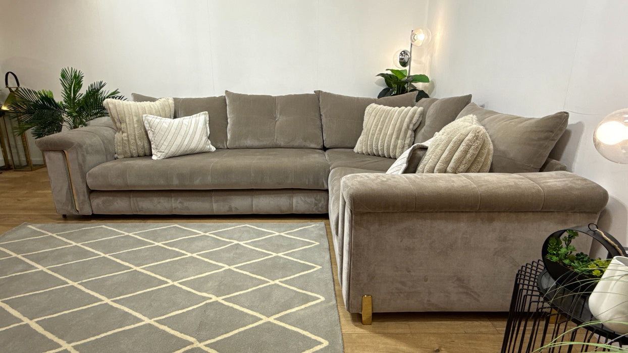 Sofology Oscar Fabric 3 Corner 1 Gold Trim in Fine Textured Chenille Stone Mix