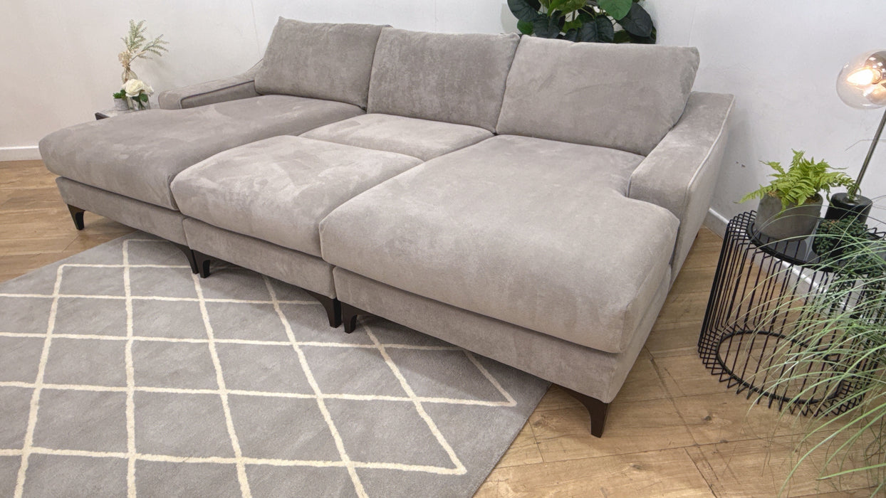 Sofology Wildwood Fabric 4 Seater Double Chaise with Footstool in Soft Sherpa Silver Contrast Piping Mix
